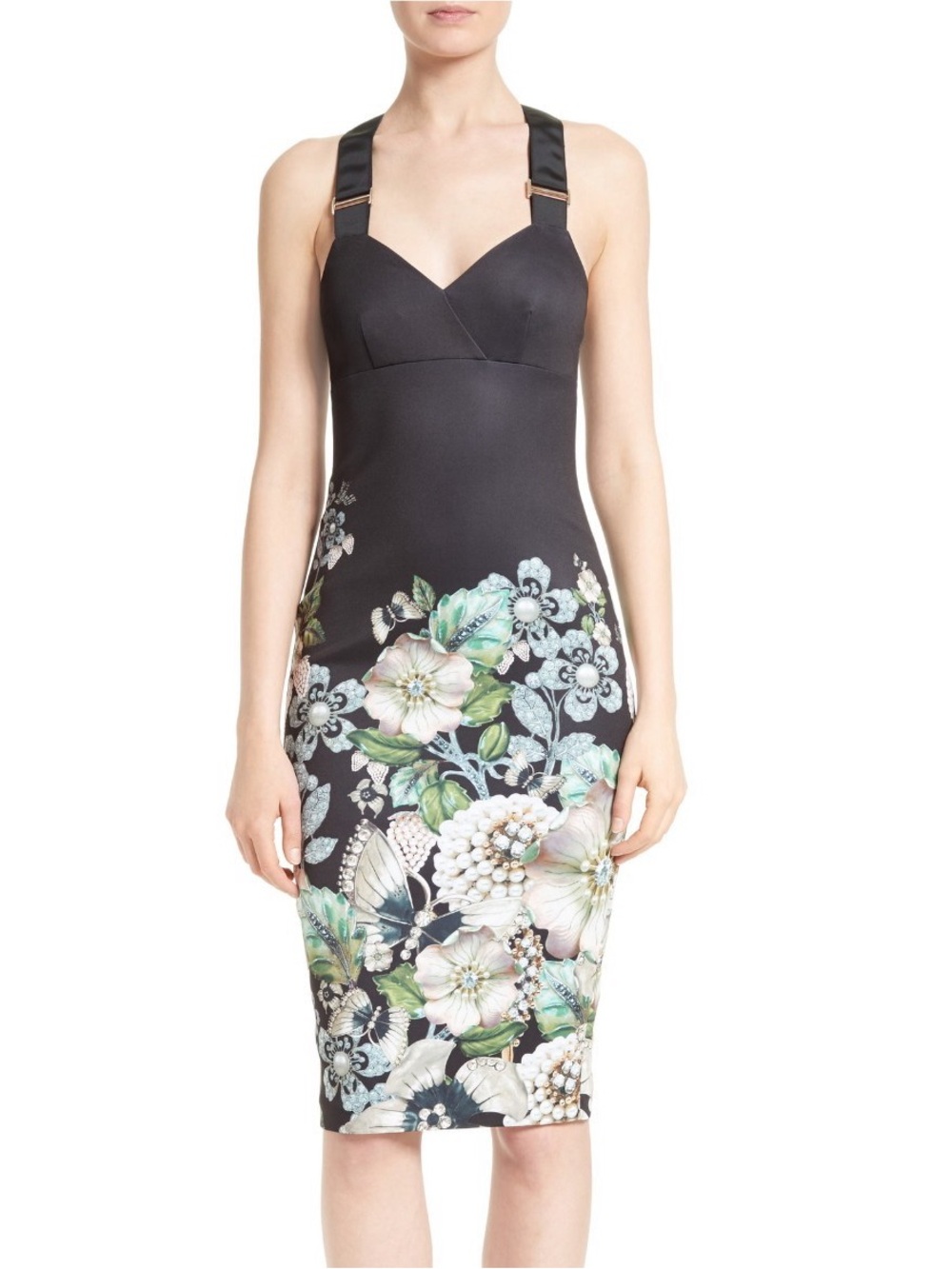 Ted Baker black floral midi dress with white, green, and blue flowers